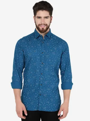 Turquoise Blue Printed Slim Fit Casual Shirt | JadeBlue