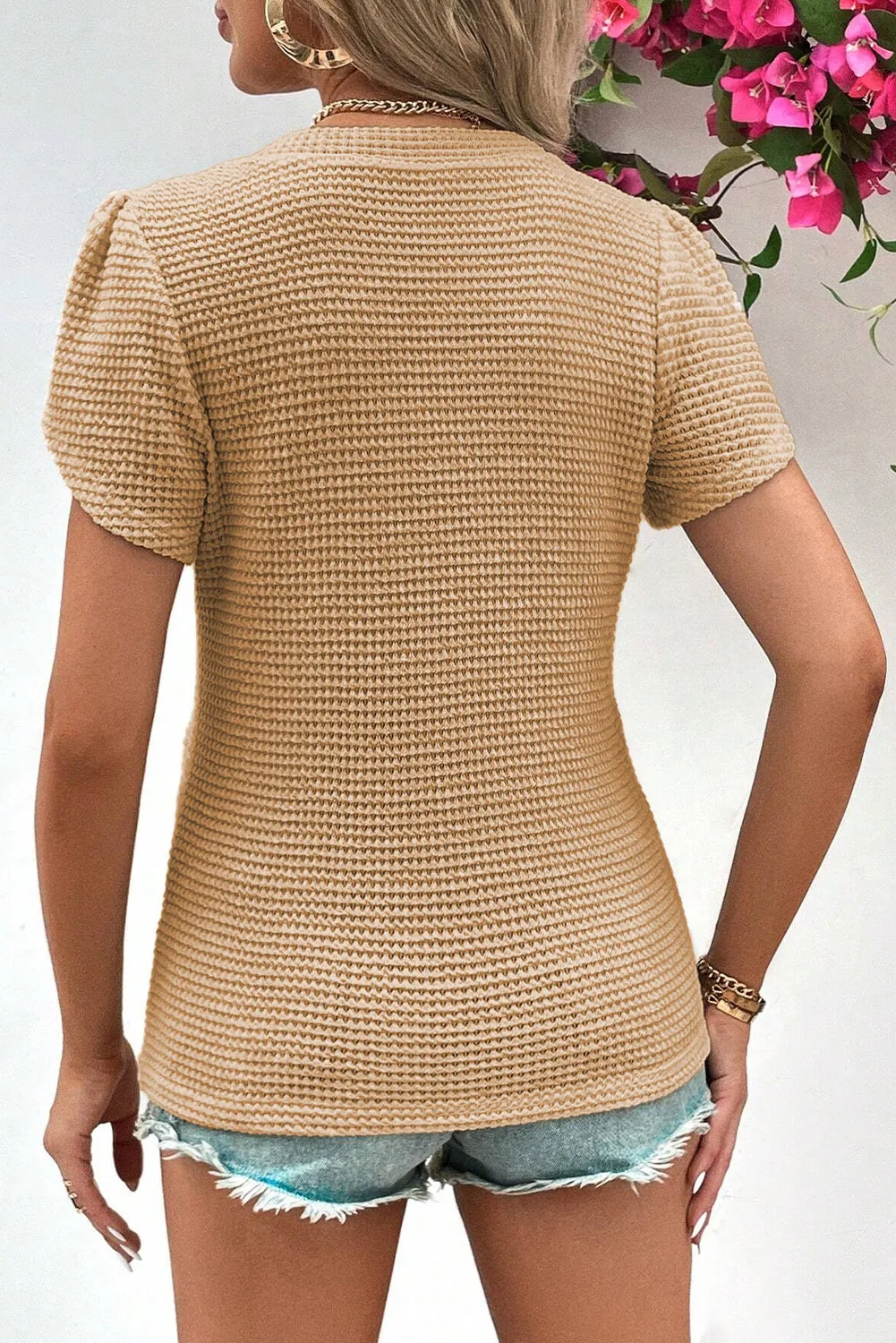 Waffle Knit Petal Sleeve T-Shirt