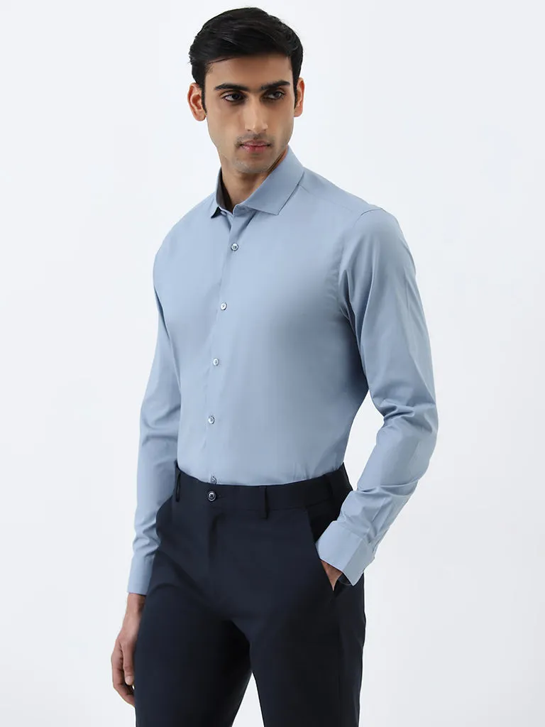 WES Formals Dusty Blue Ultra Slim-Fit Cotton Blend Shirt