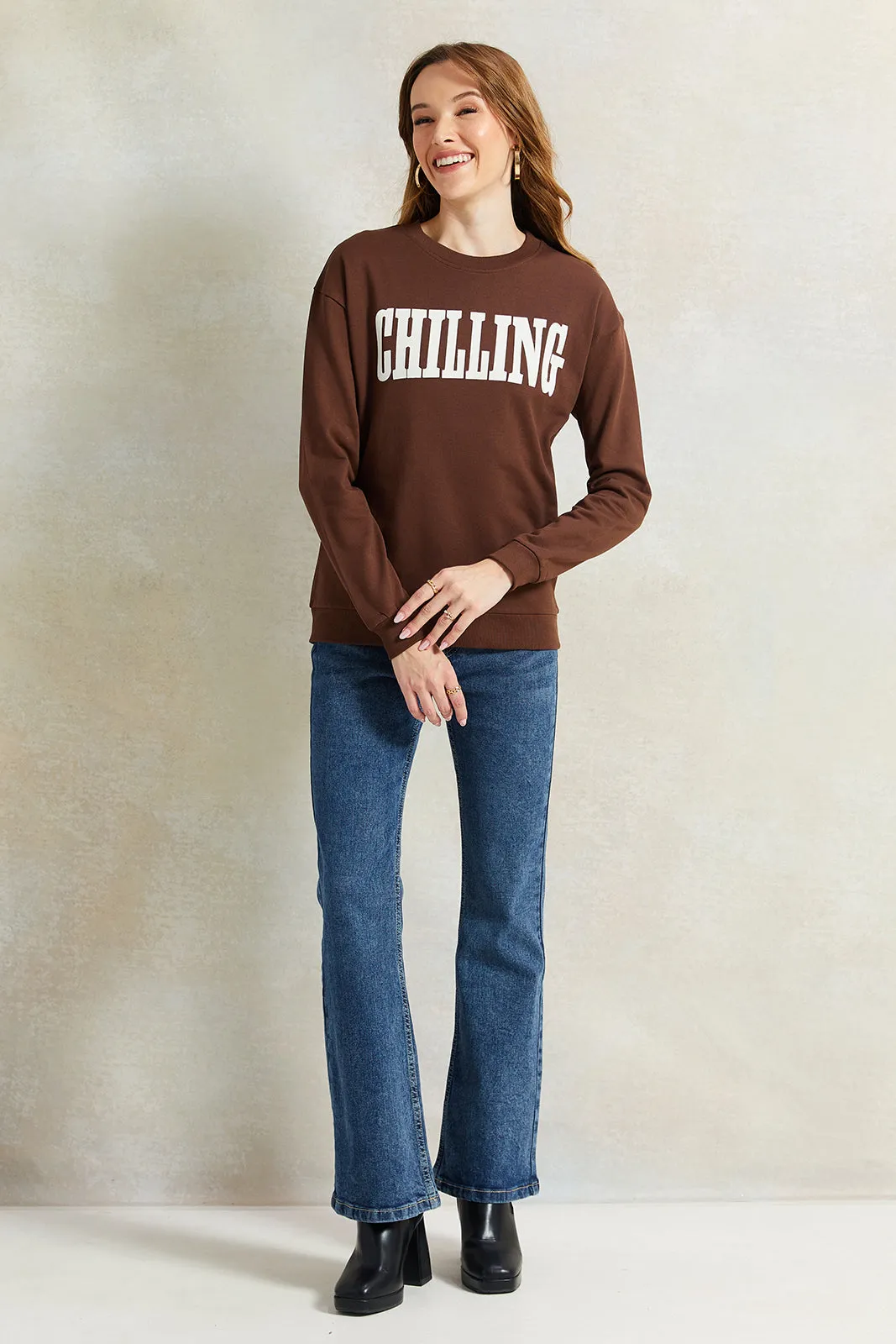 Women Brown Printed Sweatshirt