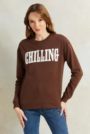 Women Brown Printed Sweatshirt