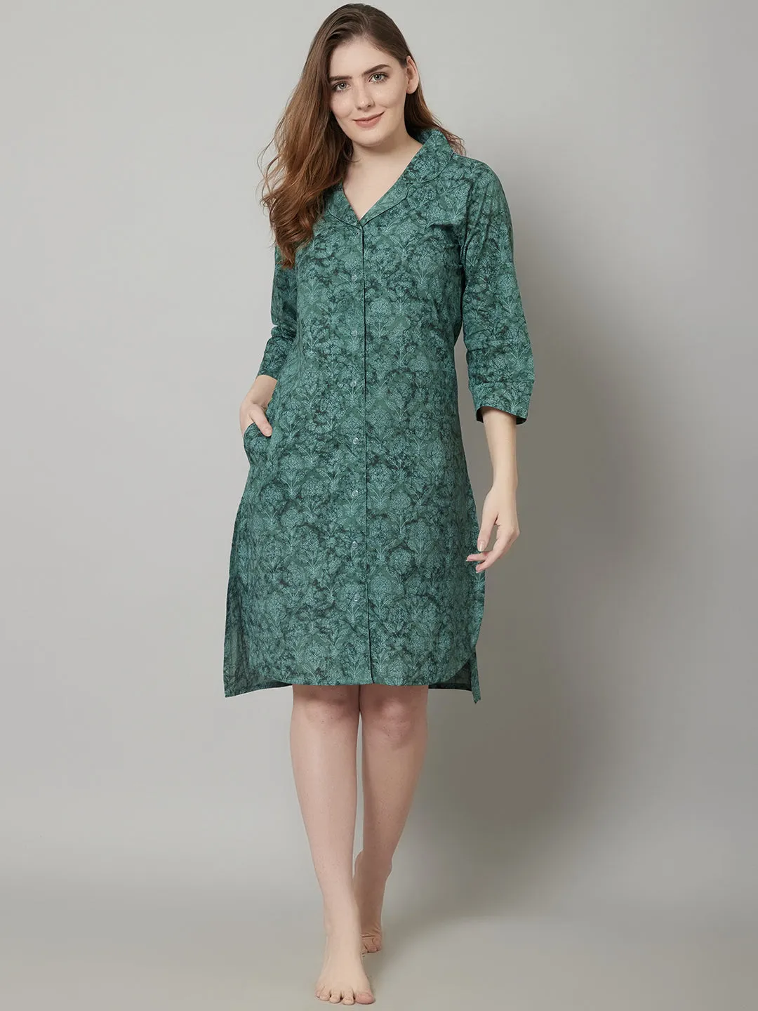 Women's Printed Knee Length Sleepshirt/ Night Shirt Dress - Green