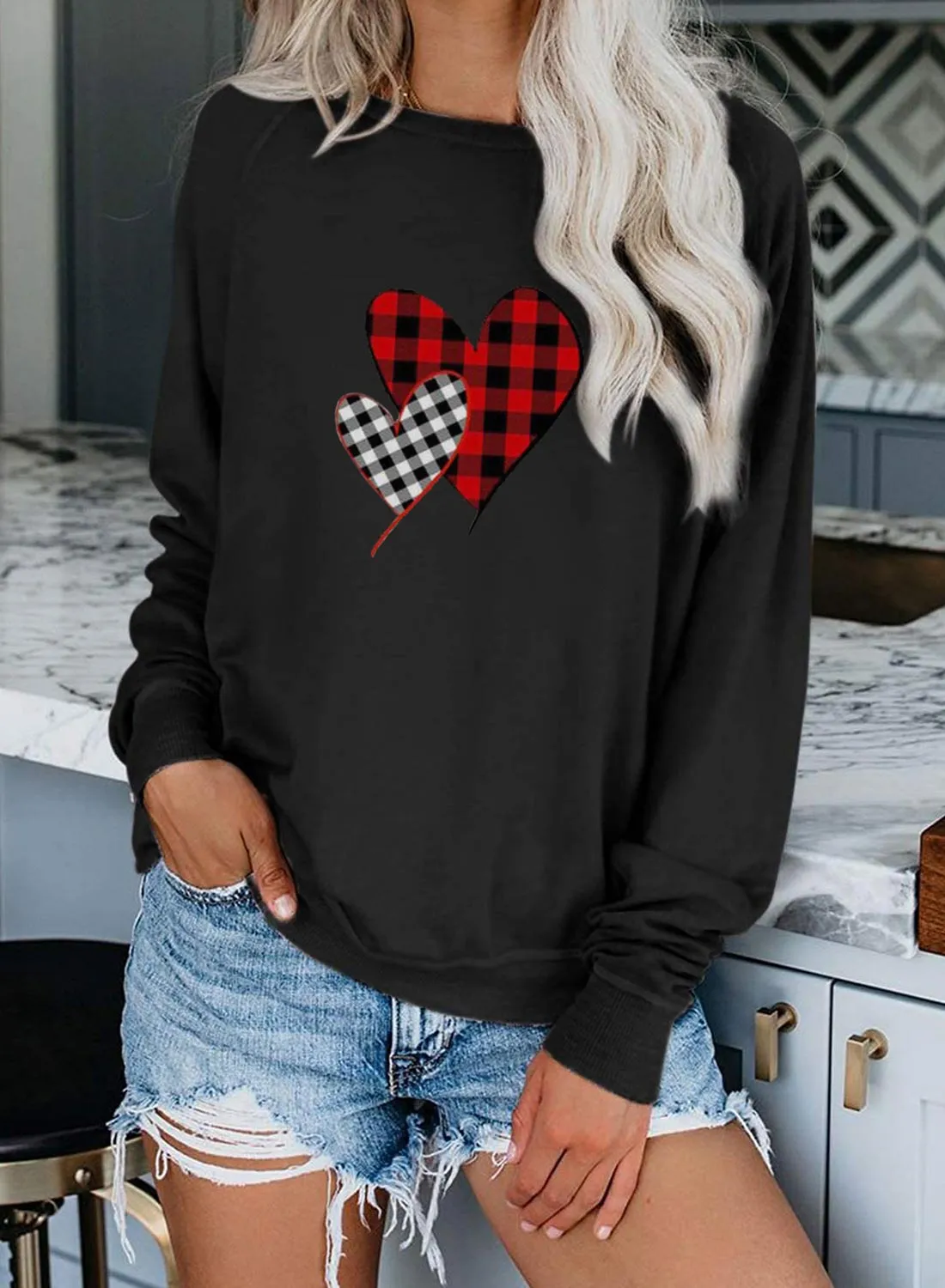 Women's Sweatshirts Round Neck Long Sleeve Solid Plaid Sweatshirts